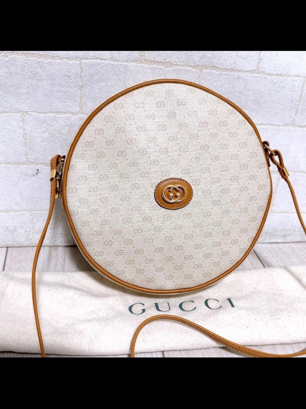 Gucci Cream GG Canvas Round Crossbody with Tan Leather Trim